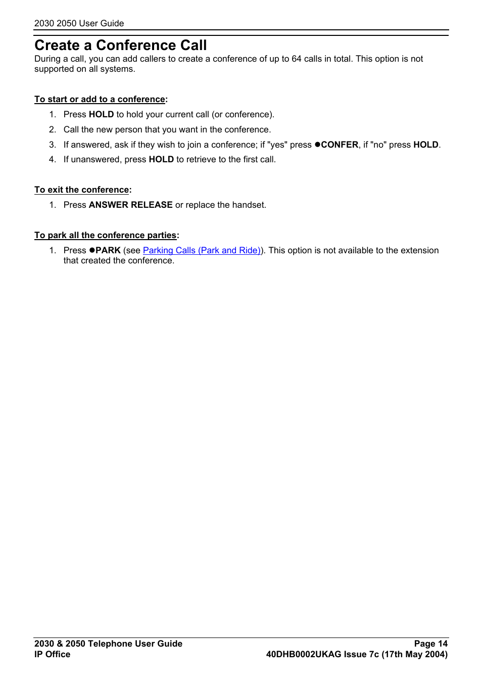 Create a conference call, Actions during a call | Avaya 2050 User Manual | Page 18 / 51