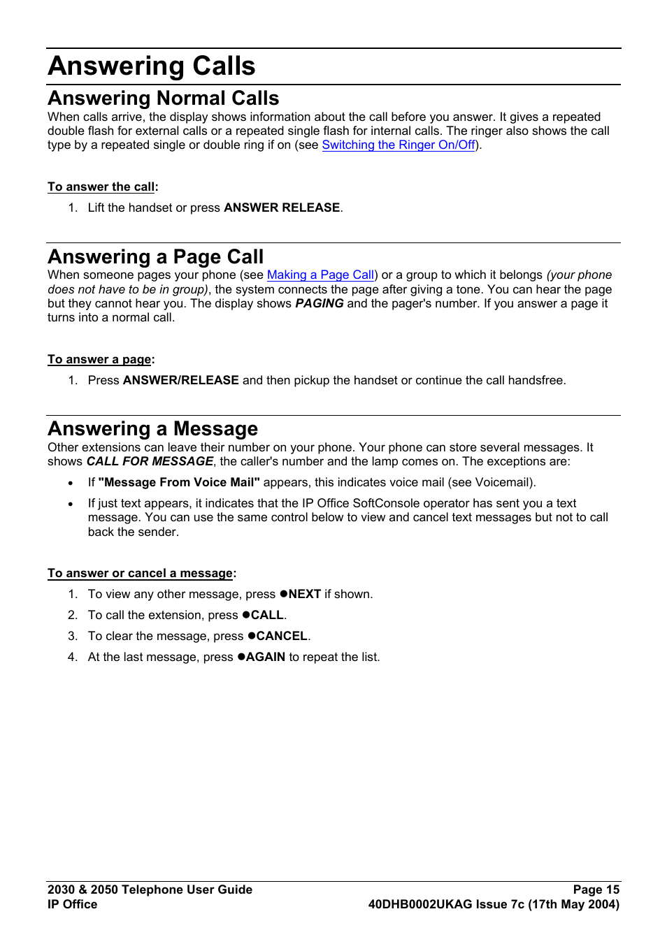Answering calls, Answering normal calls, Answering a message | Answering a page call | Avaya 2050 User Manual | Page 19 / 51