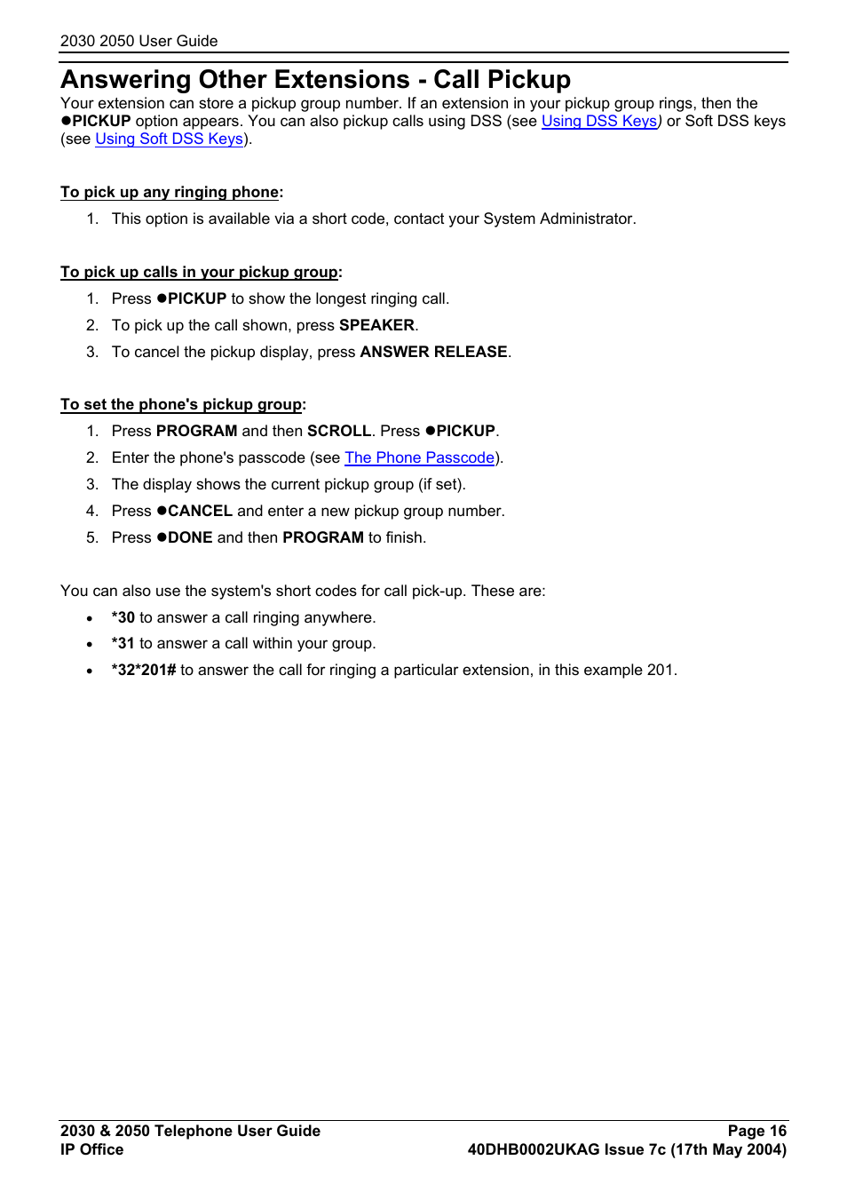 Answering other extensions - call pickup | Avaya 2050 User Manual | Page 20 / 51