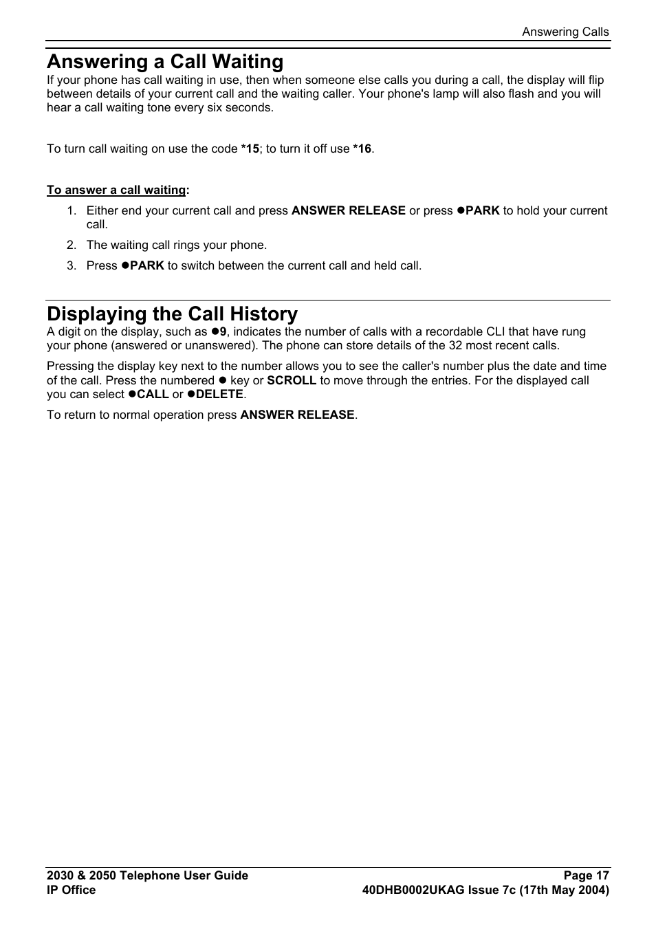 Answering a call waiting, Displaying the call history, Answering calls | Avaya 2050 User Manual | Page 21 / 51