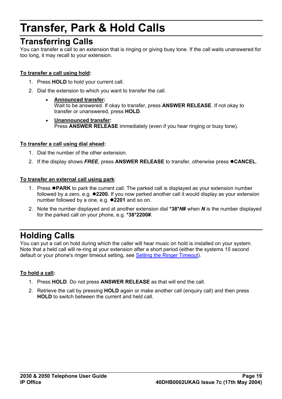 Transfer, park & hold calls, Transferring calls, Holding calls | Avaya 2050 User Manual | Page 23 / 51