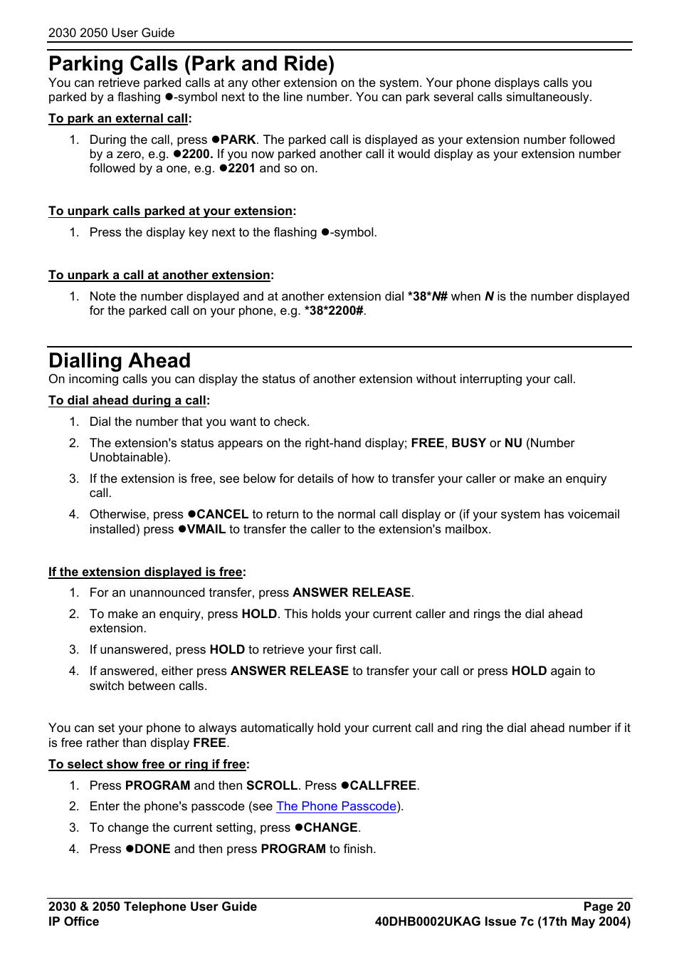 Parking calls (park and ride), Dialling ahead, Transfer, park & hold calls | Avaya 2050 User Manual | Page 24 / 51