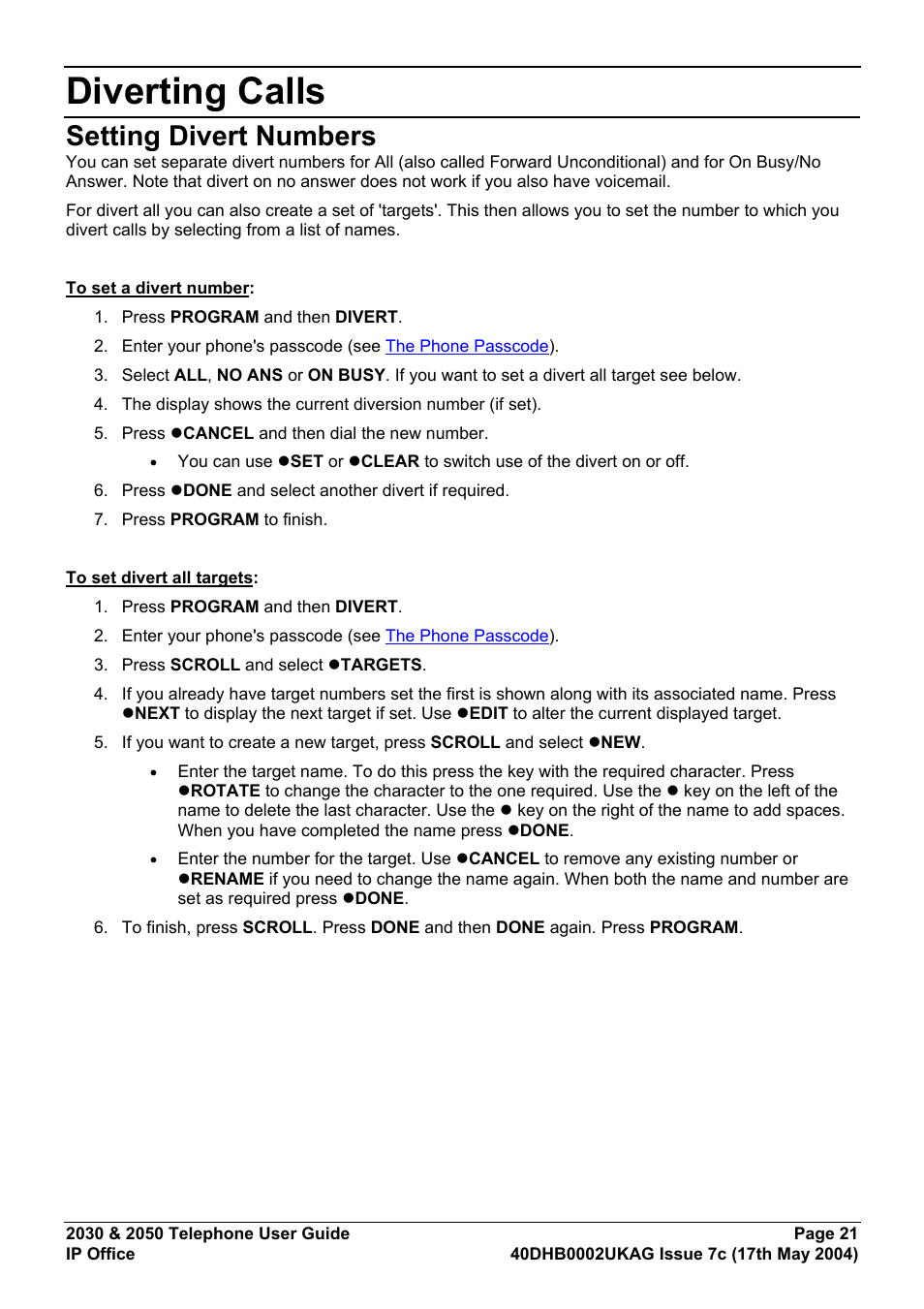 Diverting calls, Setting divert numbers | Avaya 2050 User Manual | Page 25 / 51