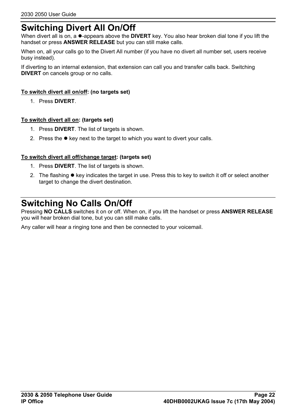 Switching divert all on/off, Switching no calls on/off | Avaya 2050 User Manual | Page 26 / 51