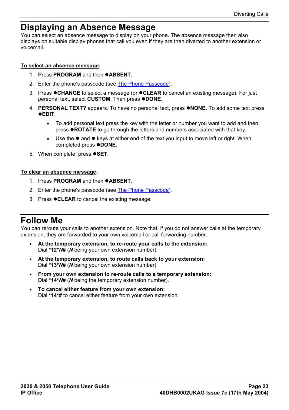 Displaying an absence message, Follow me | Avaya 2050 User Manual | Page 27 / 51
