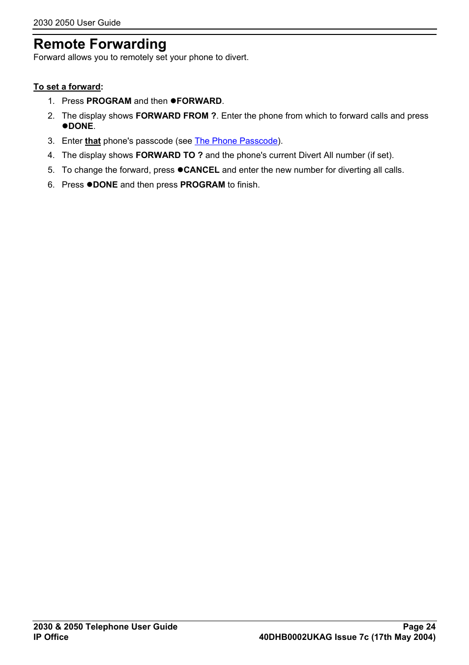Remote forwarding, Diverting calls | Avaya 2050 User Manual | Page 28 / 51