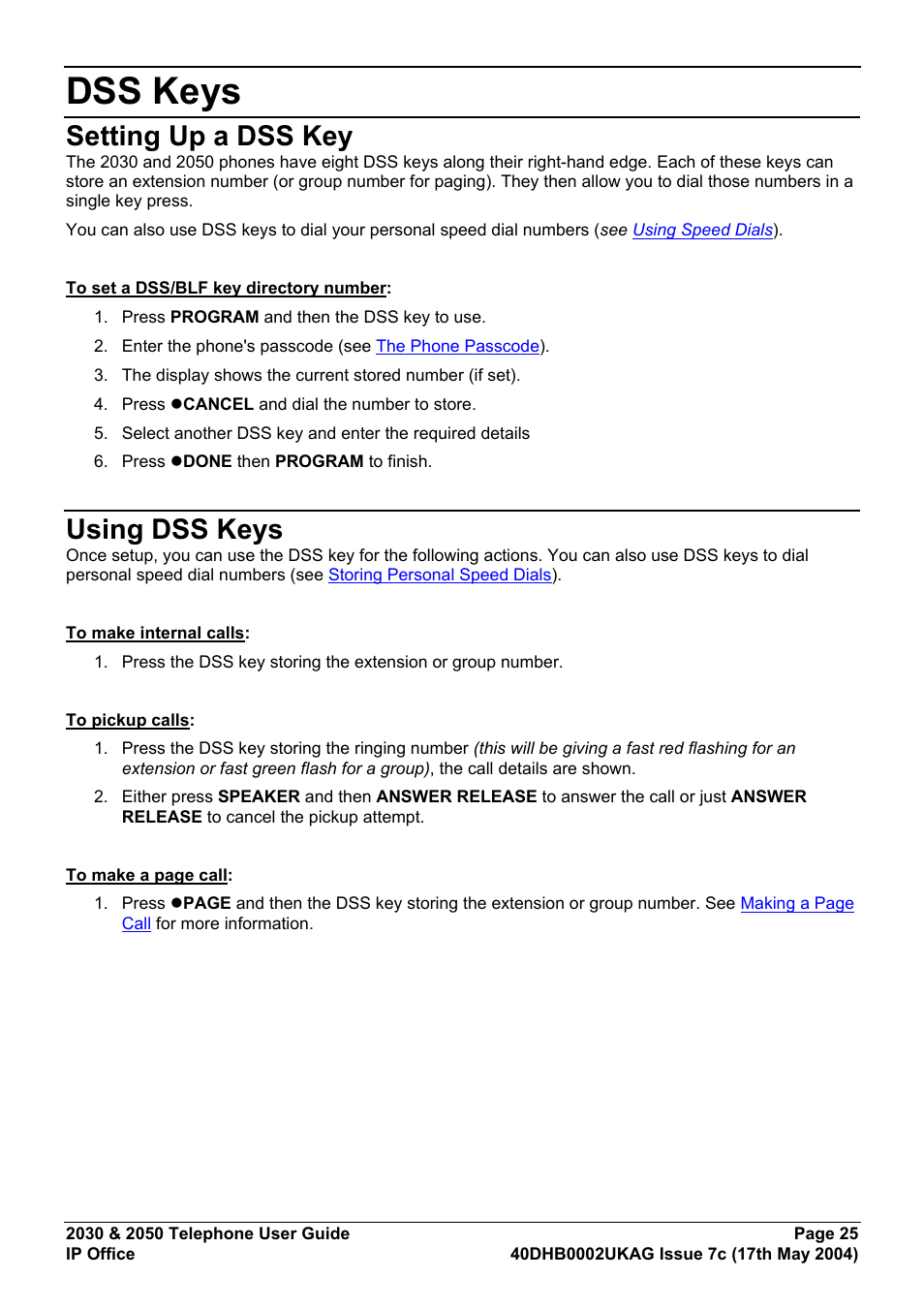 Dss keys, Setting up a dss key, Using dss keys | Avaya 2050 User Manual | Page 29 / 51