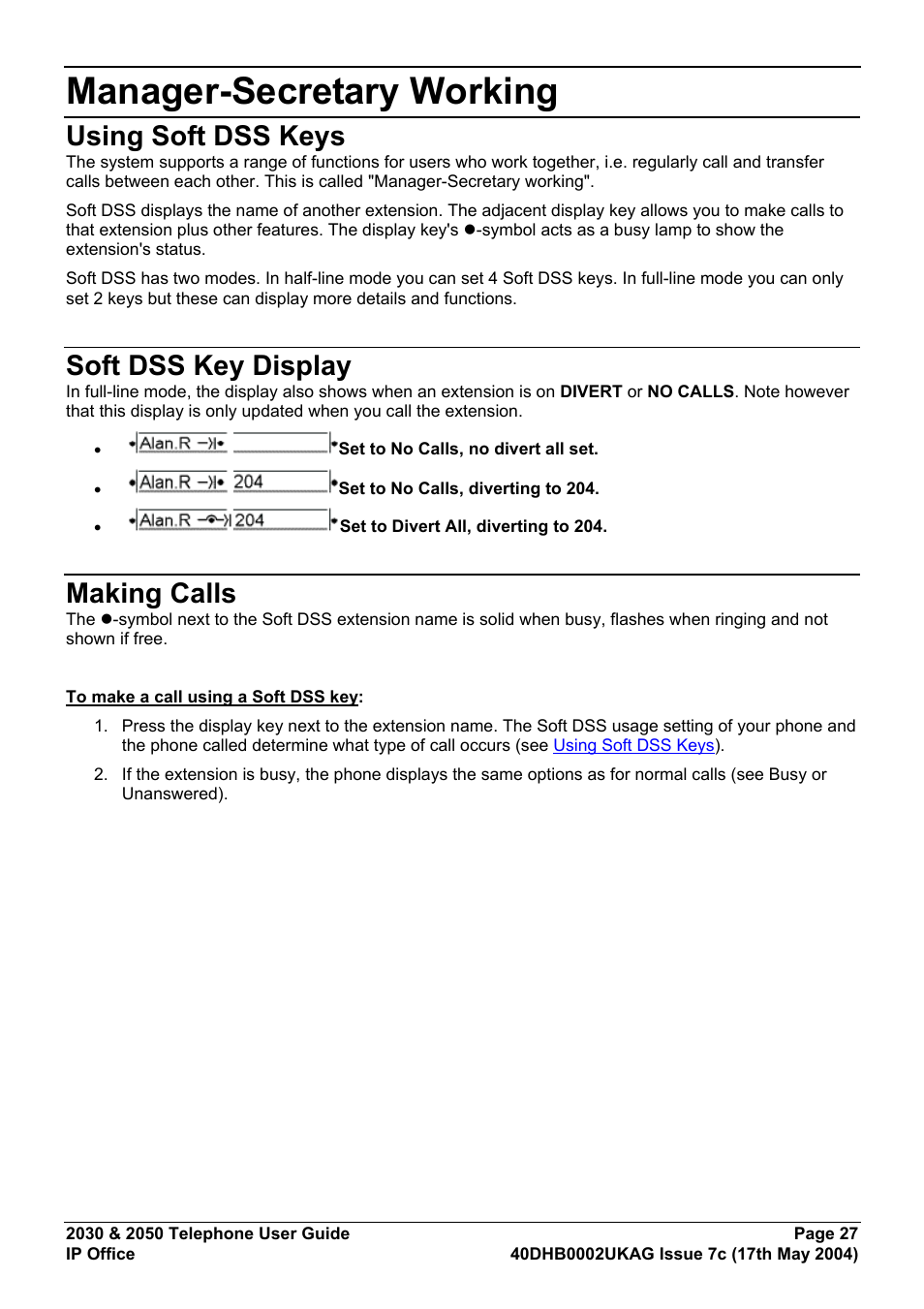 Manager-secretary working, Using soft dss keys, Soft dss key display | Making calls | Avaya 2050 User Manual | Page 31 / 51