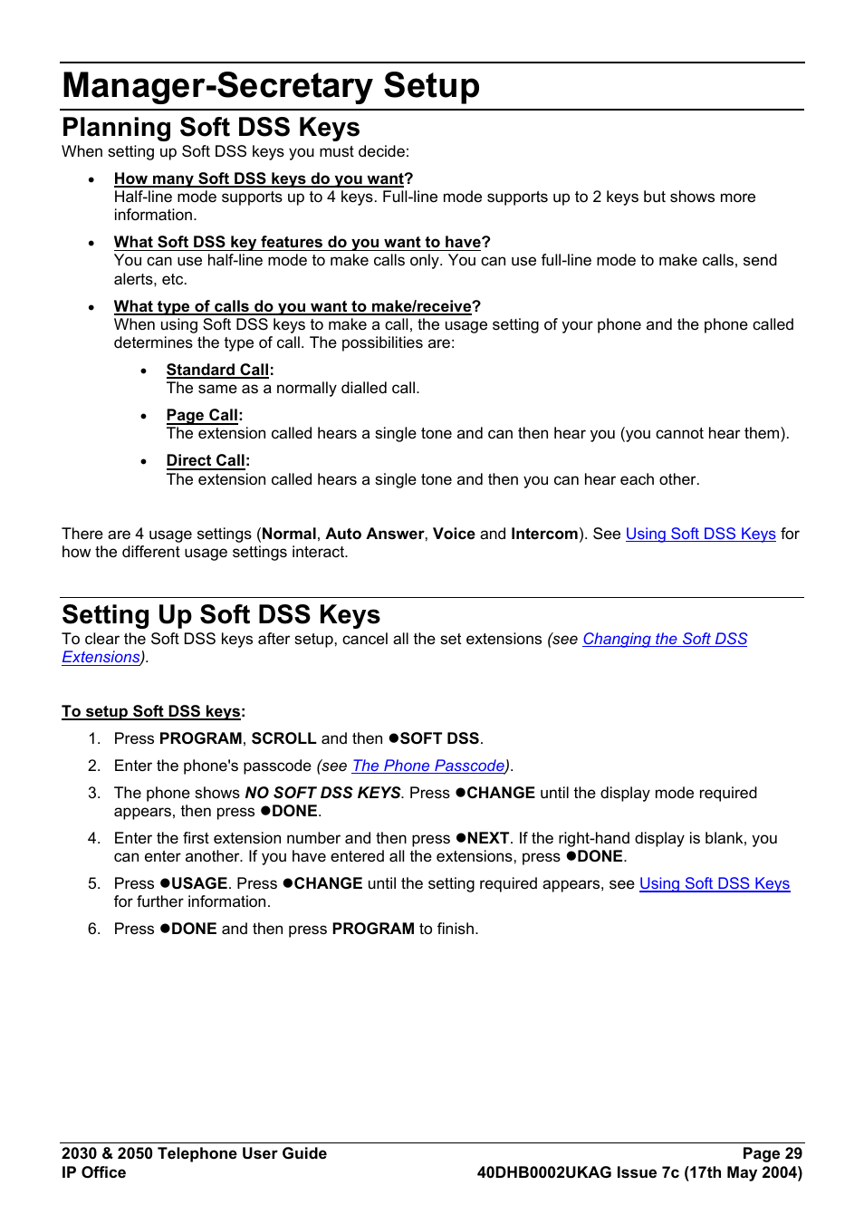 Manager-secretary setup, Planning soft dss keys, Setting up soft dss keys | Avaya 2050 User Manual | Page 33 / 51