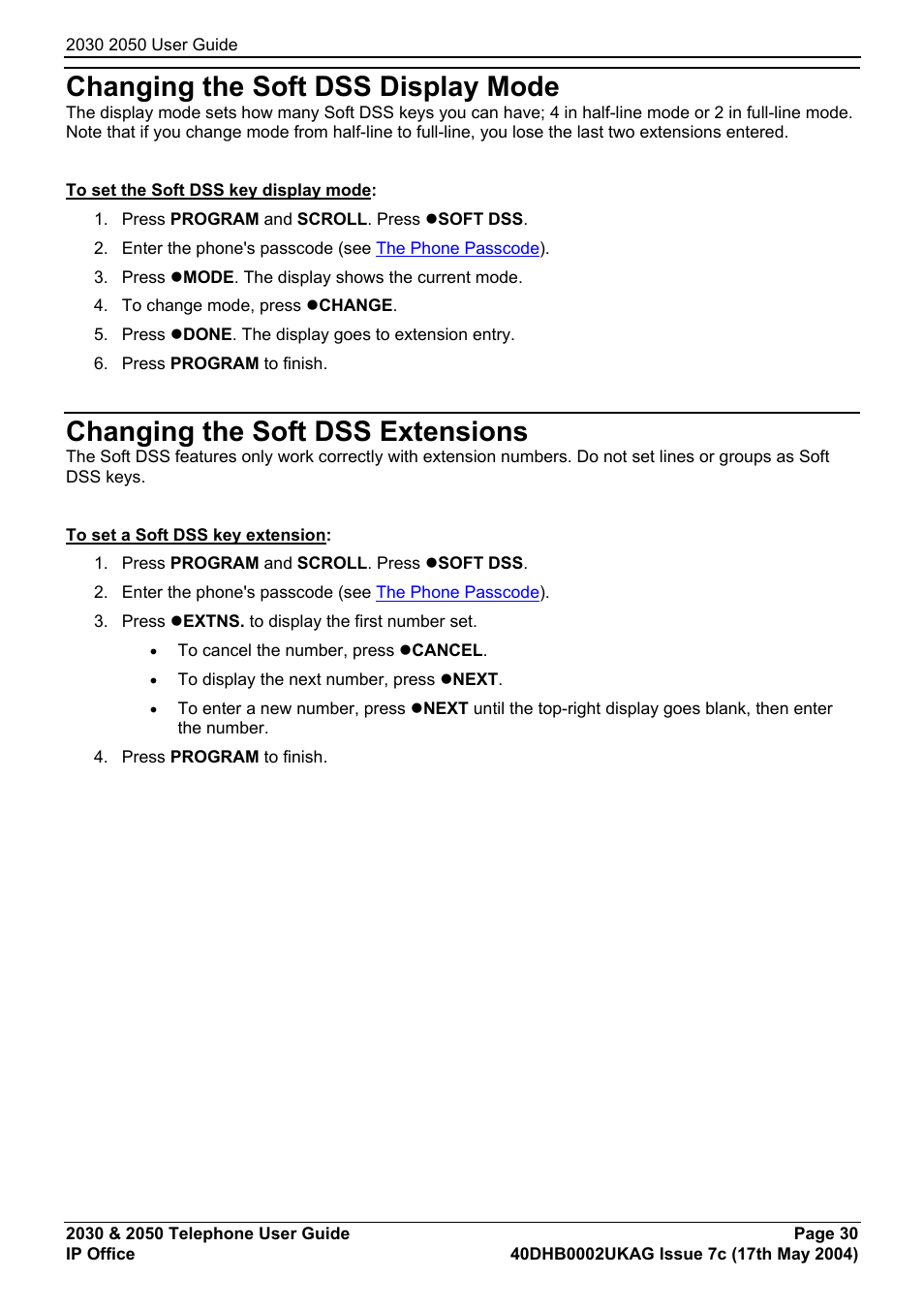 Changing the soft dss display mode, Changing the soft dss extensions | Avaya 2050 User Manual | Page 34 / 51