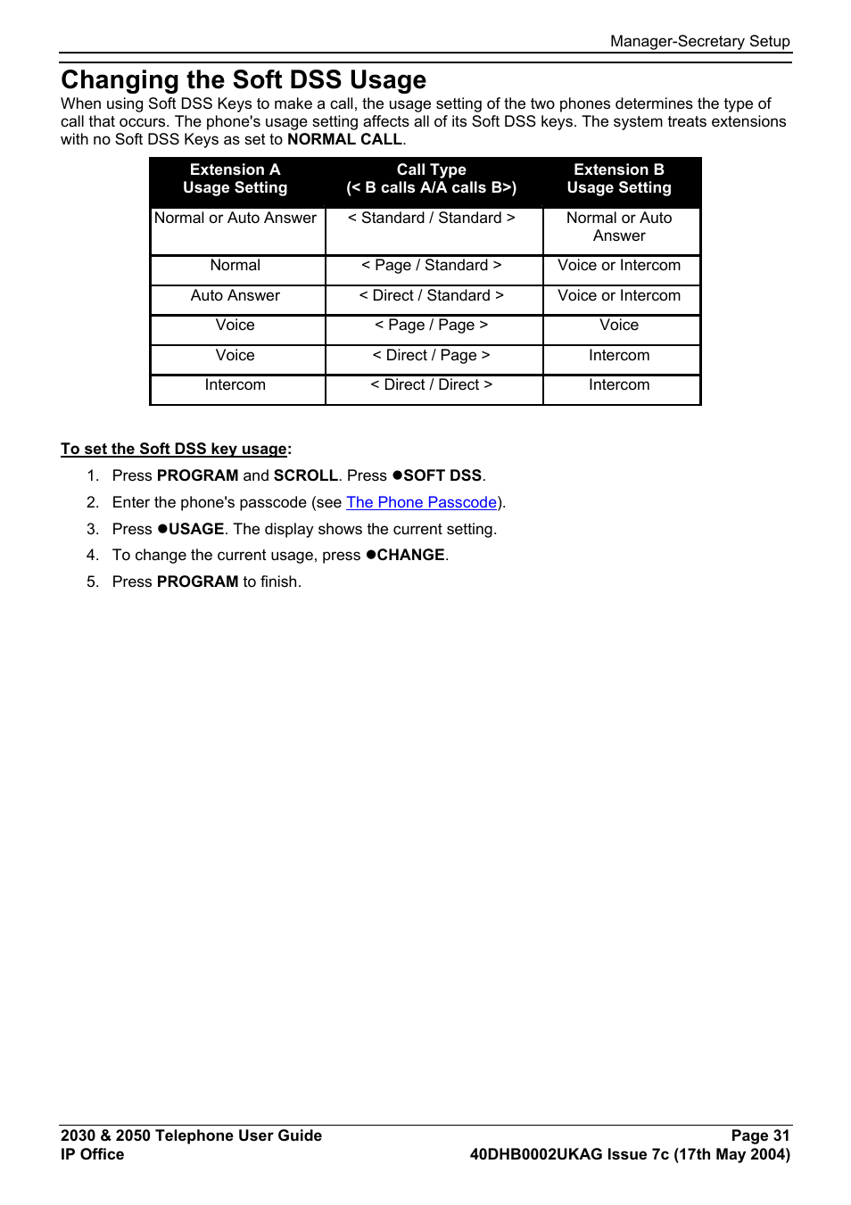 Changing the soft dss usage, Manager-secretary setup | Avaya 2050 User Manual | Page 35 / 51