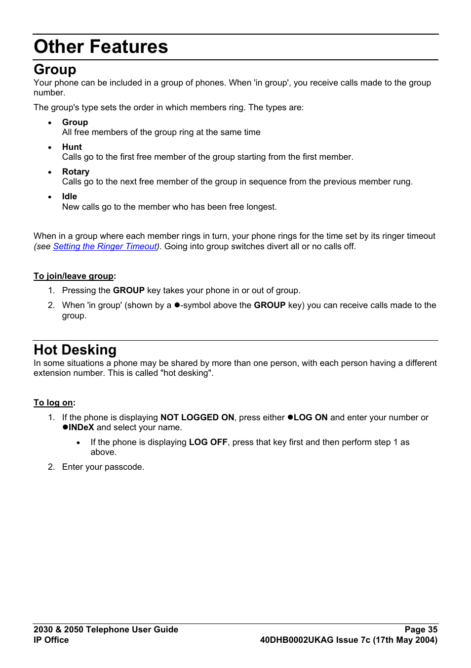 Other features, Group, Hot desking | Avaya 2050 User Manual | Page 39 / 51