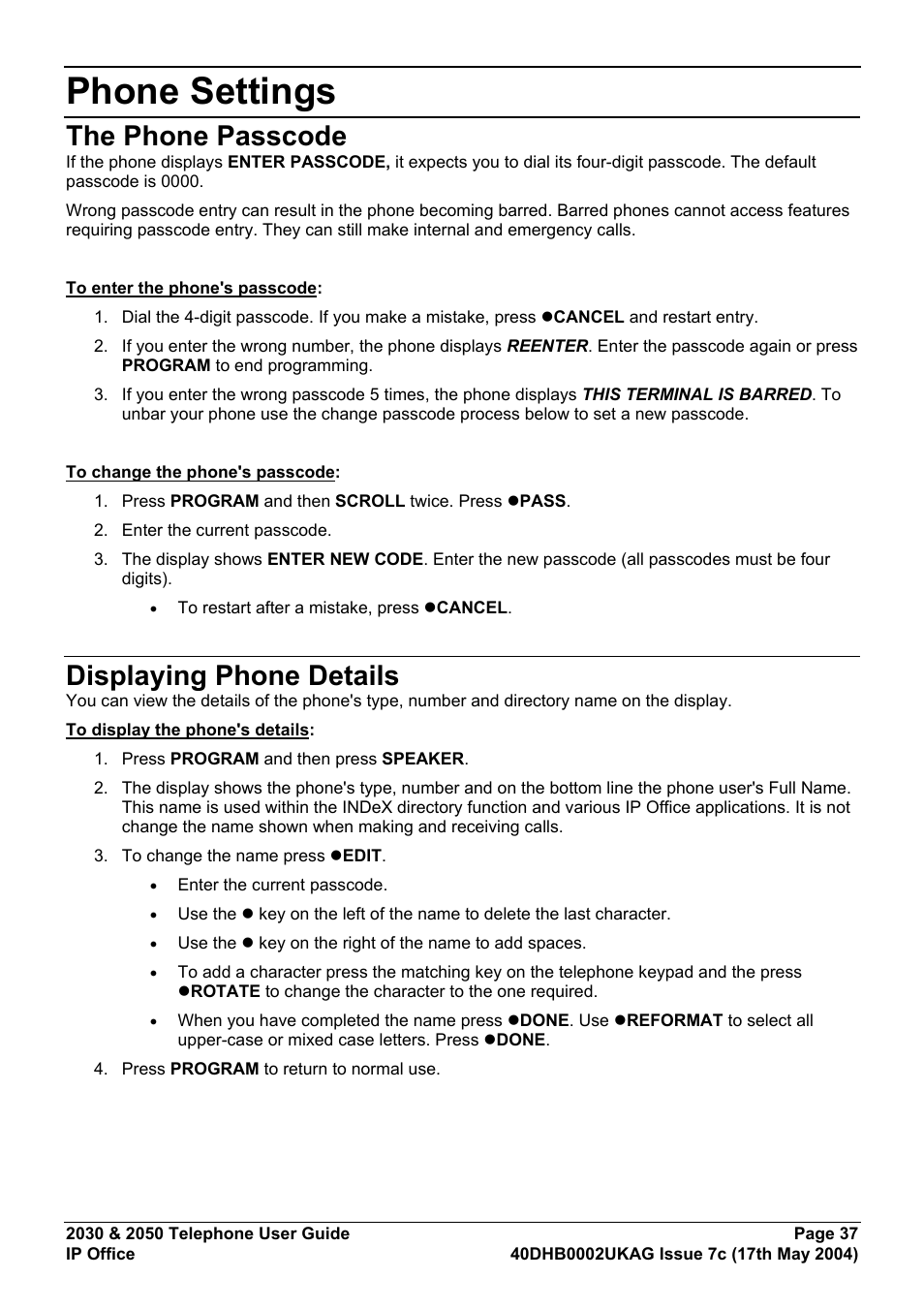 Phone settings, The phone passcode, Displaying phone details | Avaya 2050 User Manual | Page 41 / 51