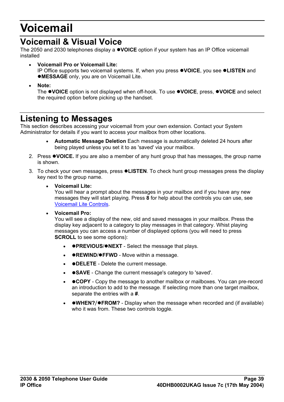 Voicemail, Voicemail & visual voice, Listening to messages | Avaya 2050 User Manual | Page 43 / 51