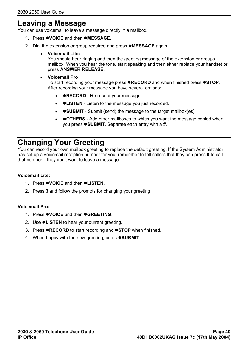 Leaving a message, Changing your greeting | Avaya 2050 User Manual | Page 44 / 51