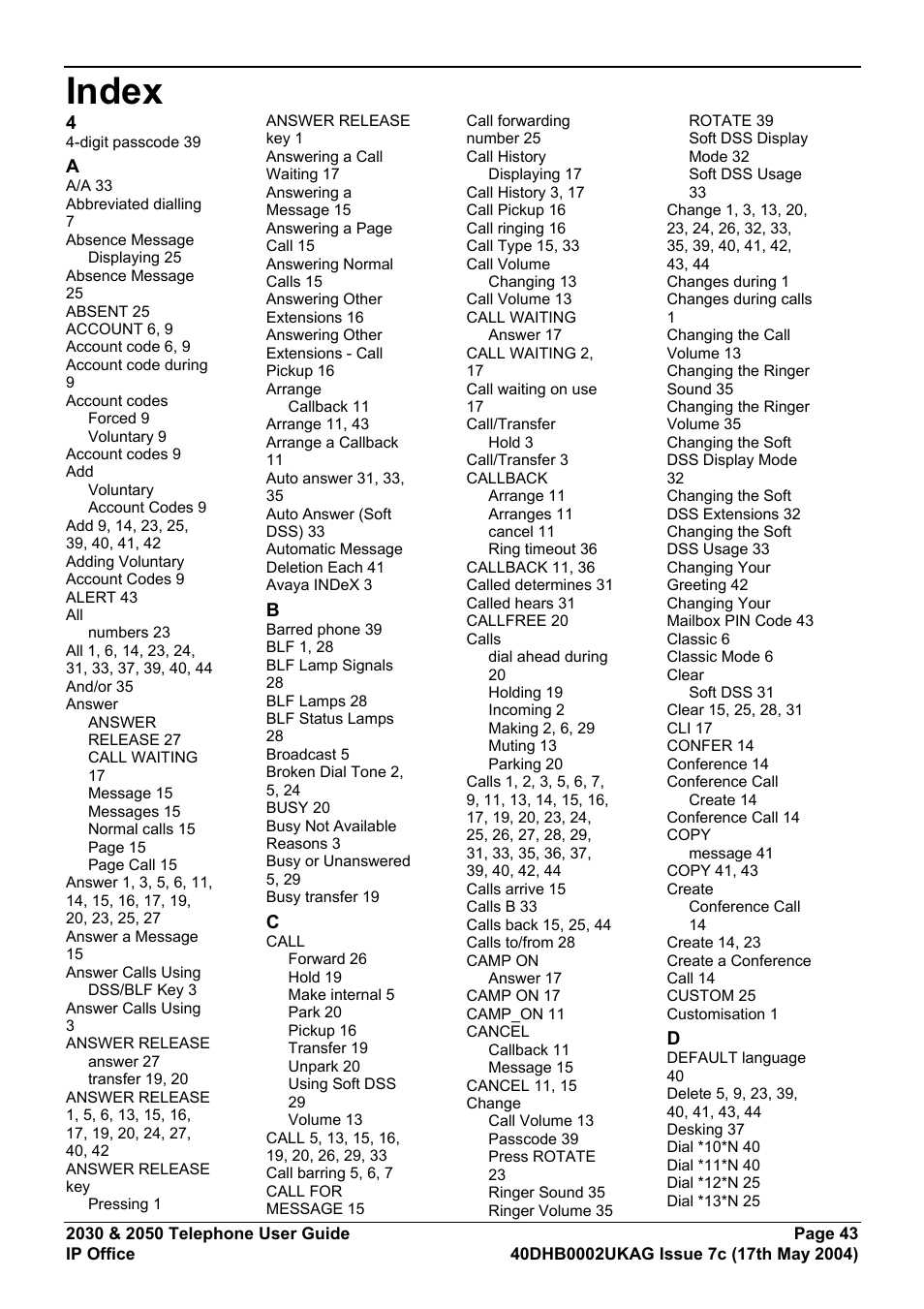 Index | Avaya 2050 User Manual | Page 47 / 51