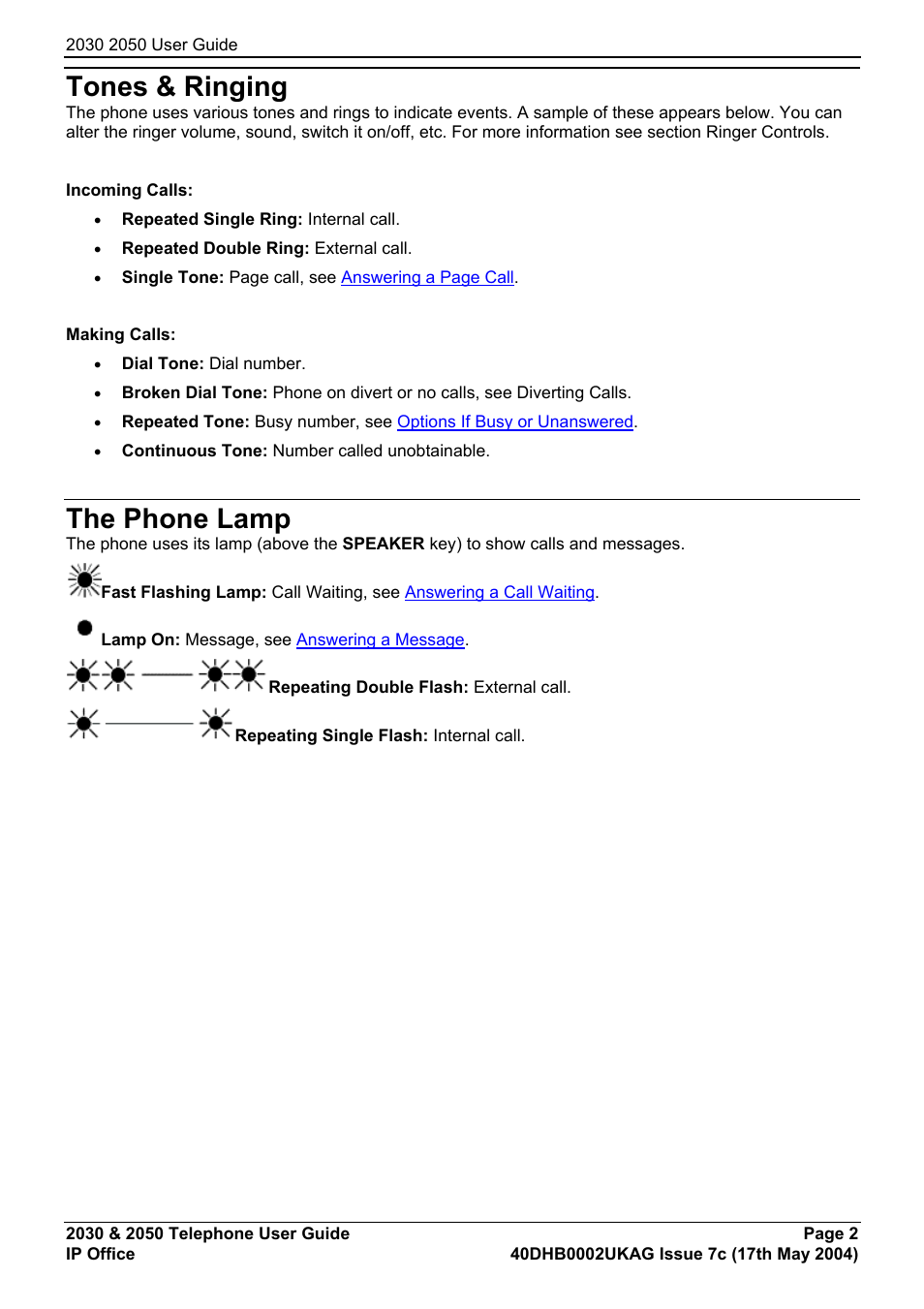 Tones & ringing, The phone lamp | Avaya 2050 User Manual | Page 6 / 51