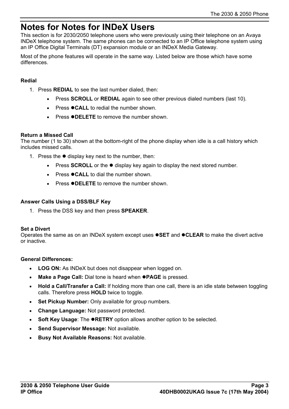 Notes for notes for index users, The 2030 & 2050 phone | Avaya 2050 User Manual | Page 7 / 51