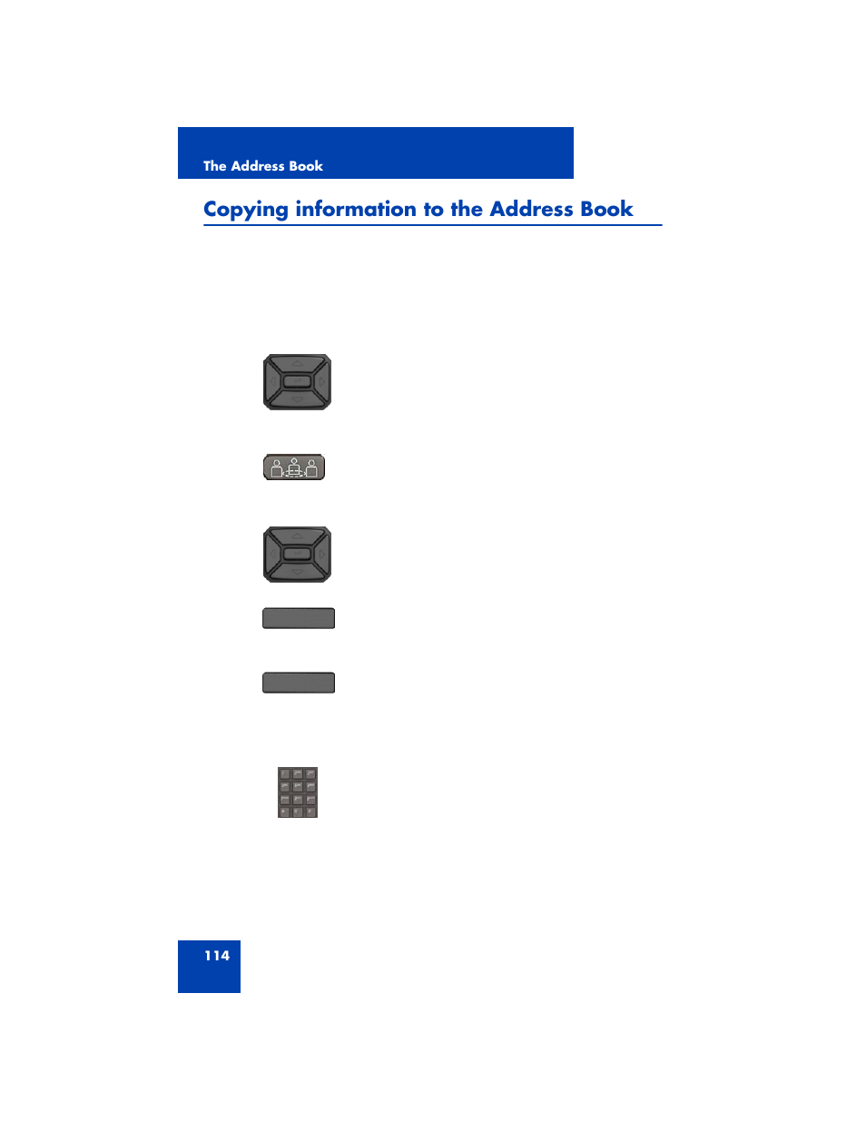 Copying information to the address book, Copying | Avaya 1200 User Manual | Page 114 / 204