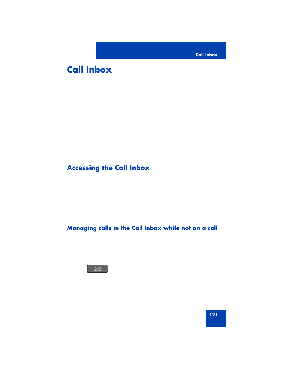 Call inbox, Accessing the call inbox | Avaya 1200 User Manual | Page 121 / 204