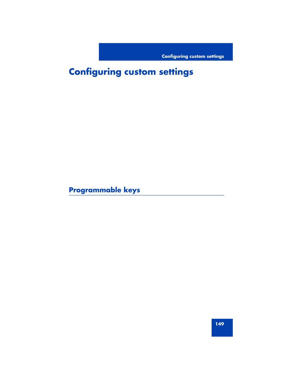 Configuring custom settings, Programmable keys | Avaya 1200 User Manual | Page 149 / 204