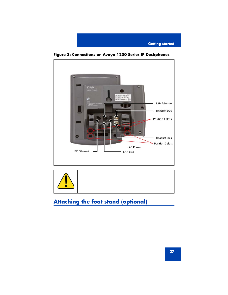 Attaching the foot stand (optional) | Avaya 1200 User Manual | Page 37 / 204