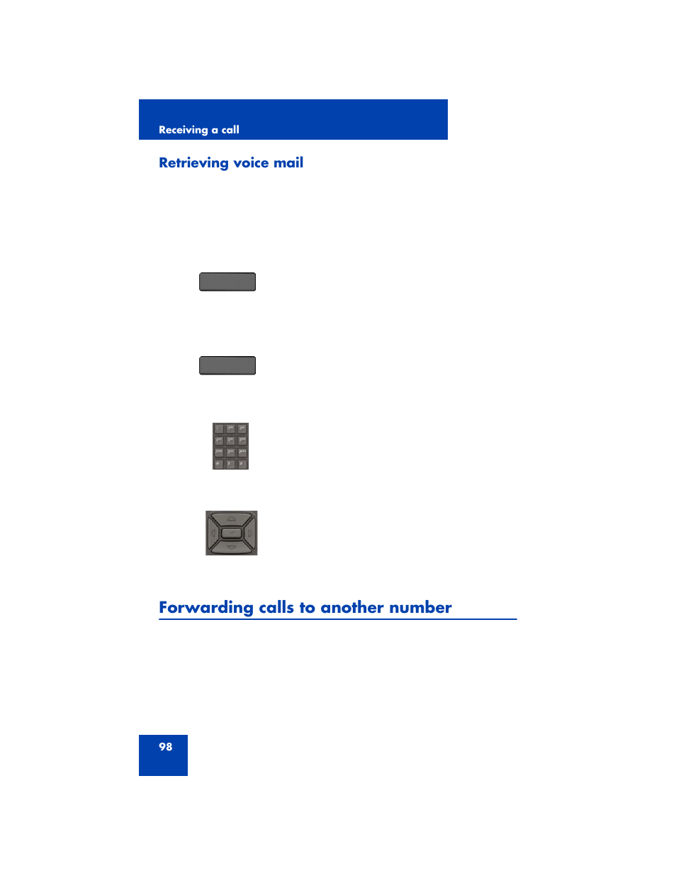 Retrieving voice mail, Forwarding calls to another number | Avaya 1200 User Manual | Page 98 / 204