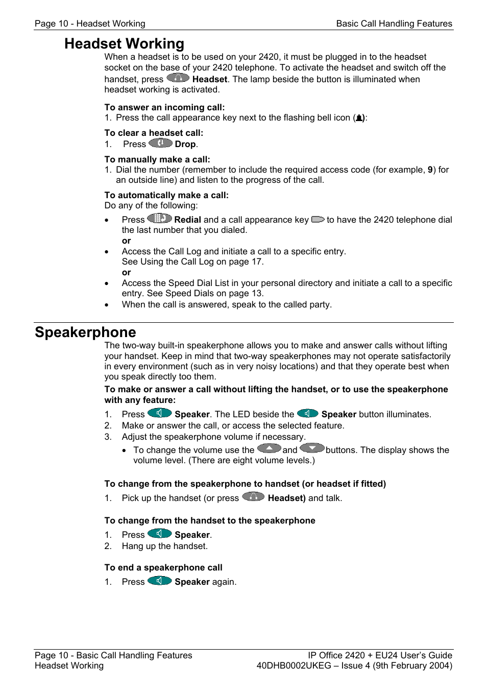Headset working, Speakerphone, Headset working speakerphone | Avaya IP OFFICE EU24 User Manual | Page 10 / 60