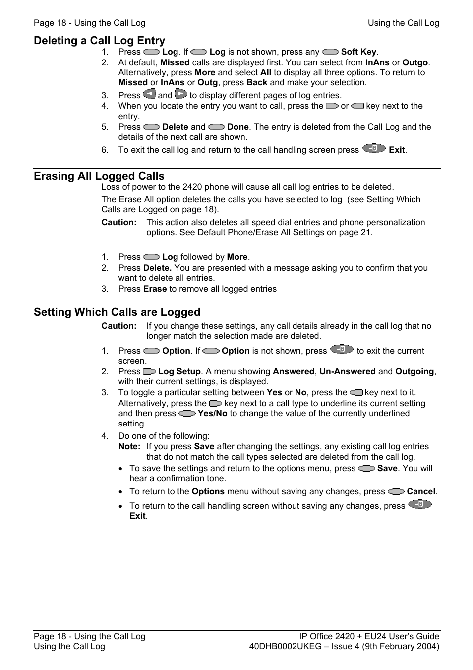 Deleting a call log entry, Erasing all logged calls, Setting which calls are logged | Avaya IP OFFICE EU24 User Manual | Page 18 / 60