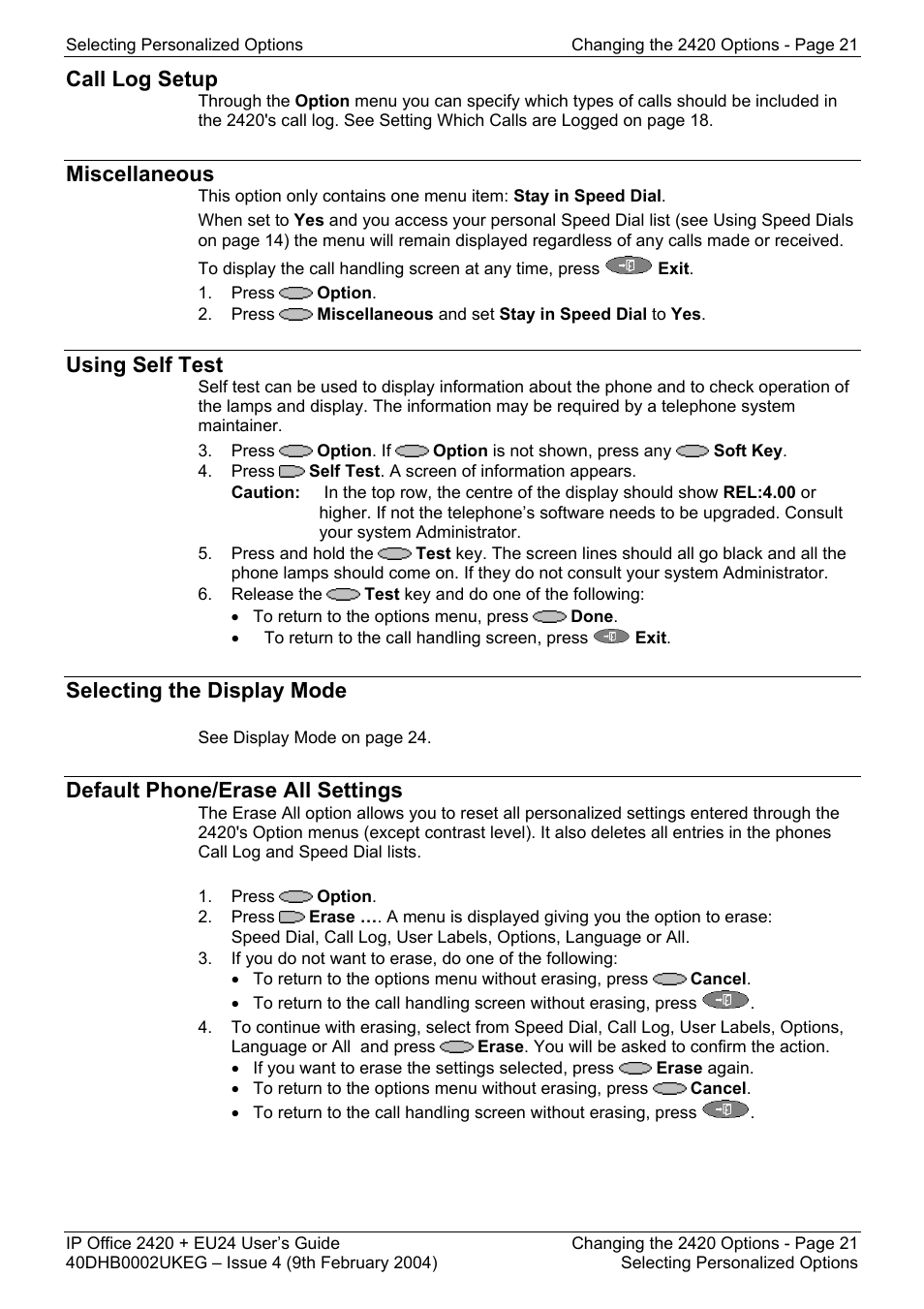 Call log setup, Miscellaneous, Using self test | Selecting the display mode, Default phone/erase all settings | Avaya IP OFFICE EU24 User Manual | Page 21 / 60