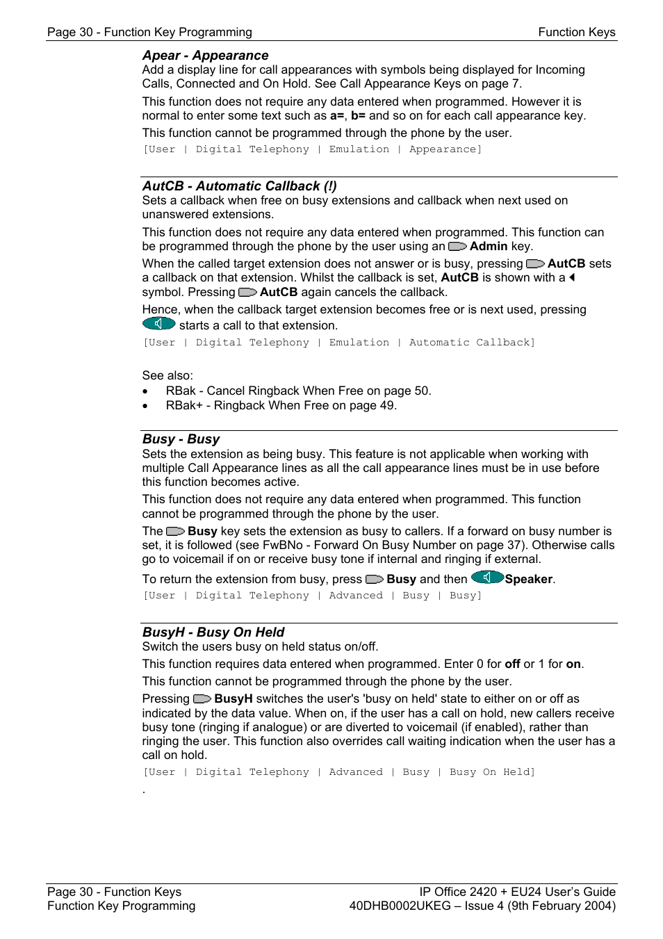 Apear - appearance, Autcb - automatic callback (!), Busy - busy | Busyh - busy on held, Absnt - set absent text, Acct - account code entry (!), Ad - abbreviated dial (!), Admin - self-administer (!) | Avaya IP OFFICE EU24 User Manual | Page 30 / 60