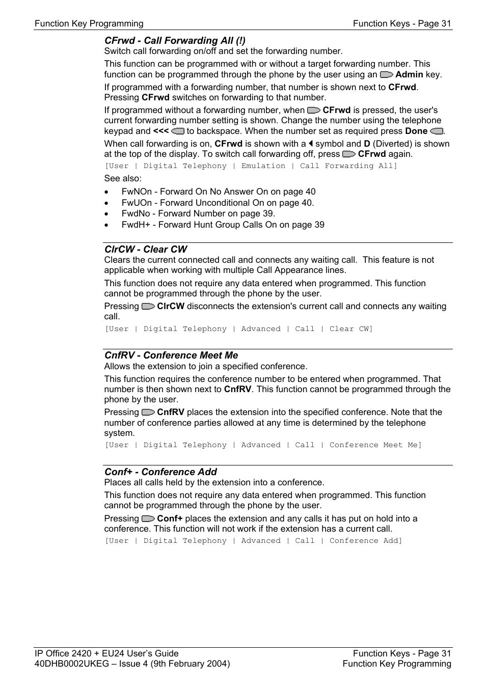 Cfrwd - call forwarding all (!), Clrcw - clear cw, Cnfrv - conference meet me | Conf+ - conference add, Apear - appearance, Autcb - automatic callback (!), Busy - busy, Busyh - busy on held | Avaya IP OFFICE EU24 User Manual | Page 31 / 60