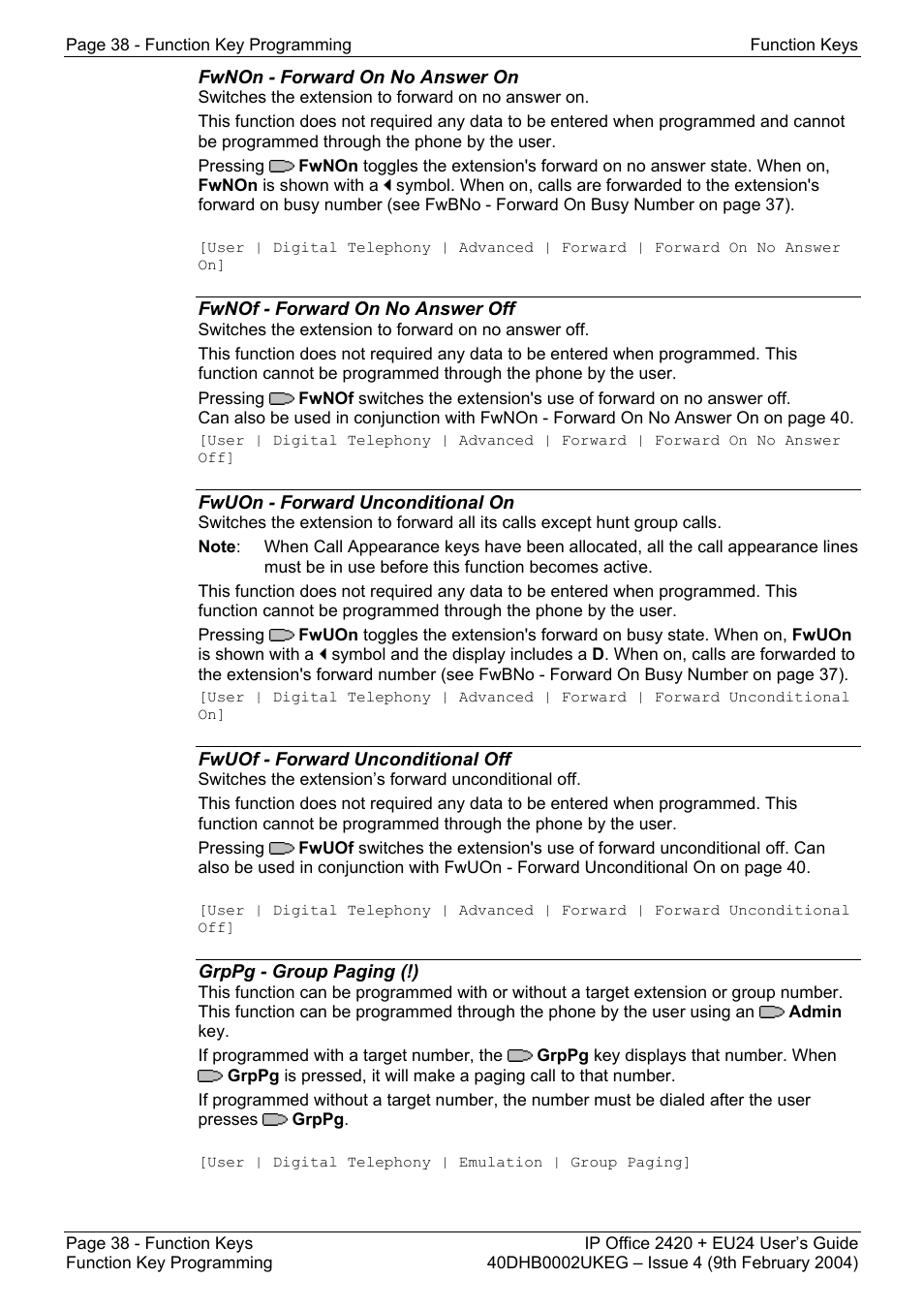 Fwnon - forward on no answer on, Fwnof - forward on no answer off, Fwuon - forward unconditional on | Fwuof - forward unconditional off, Grppg - group paging (!), Fwbof - forward on busy off | Avaya IP OFFICE EU24 User Manual | Page 38 / 60