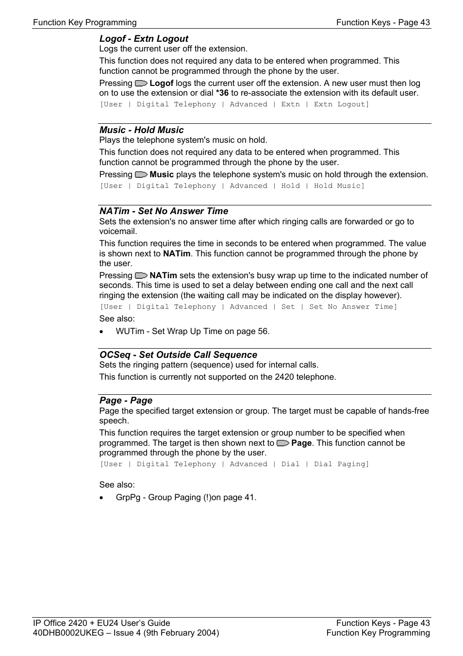 Logof - extn logout, Music - hold music, Natim - set no answer time | Ocseq - set outside call sequence, Hgns- - clear hunt group night service, Hgos+ - set hunt group out of service, Hgos- - clear hunt group out of service, Hold - hold call | Avaya IP OFFICE EU24 User Manual | Page 43 / 60