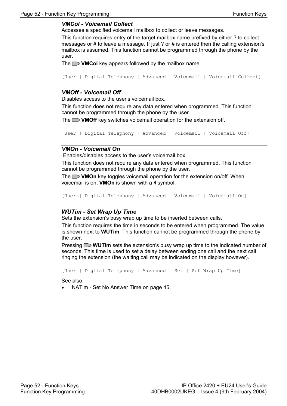 Vmcol - voicemail collect, Vmoff - voicemail off, Vmon - voicemail on | Wutim - set wrap up time | Avaya IP OFFICE EU24 User Manual | Page 52 / 60