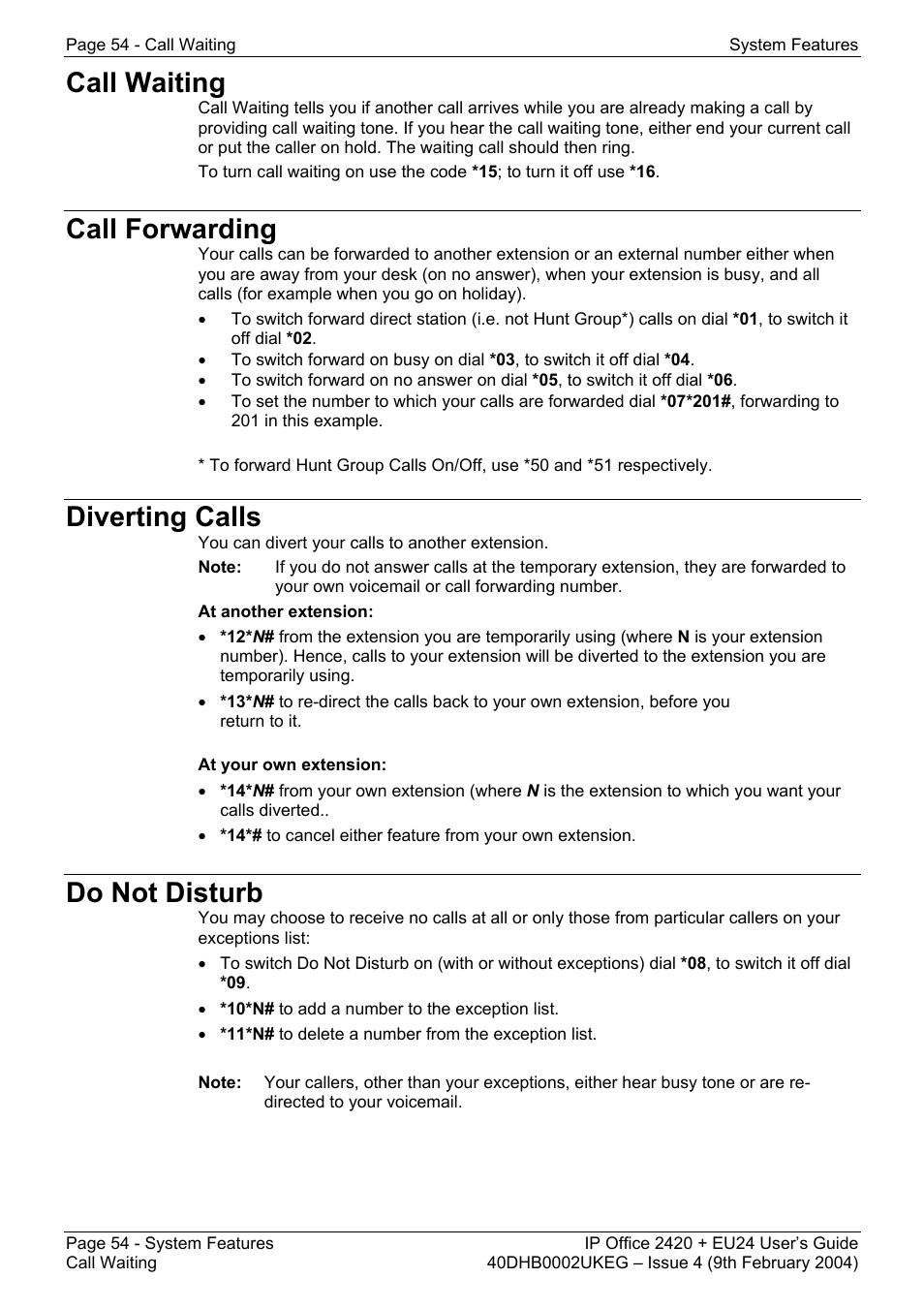 Call waiting, Call forwarding, Diverting calls | Do not disturb, Steal - call steal, Suscw - suspend cw, Suspe - suspend call | Avaya IP OFFICE EU24 User Manual | Page 54 / 60