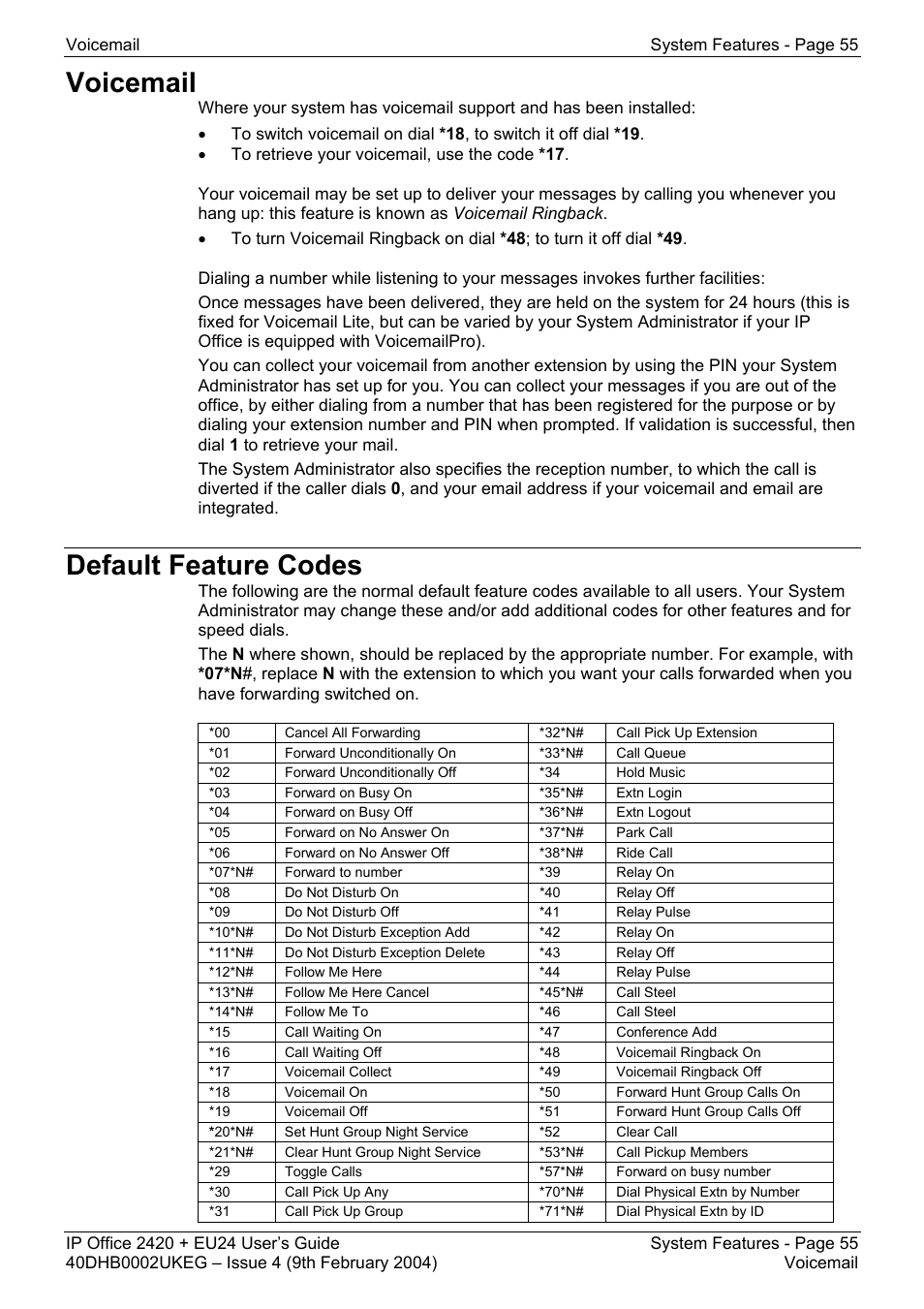 Voicemail, Default feature codes, Timer - timer (!) | Tmday - time of day (!), Toggl - toggle calls, Vmrb- - voicemail ringback off, Vmrb+ - voicemail ringback on | Avaya IP OFFICE EU24 User Manual | Page 55 / 60