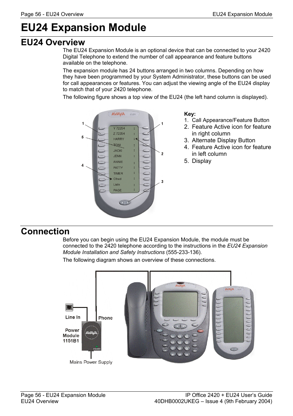 Eu24 expansion module, Eu24 overview, Connection | Vmcol - voicemail collect, Vmoff - voicemail off, Vmon - voicemail on, Wutim - set wrap up time | Avaya IP OFFICE EU24 User Manual | Page 56 / 60