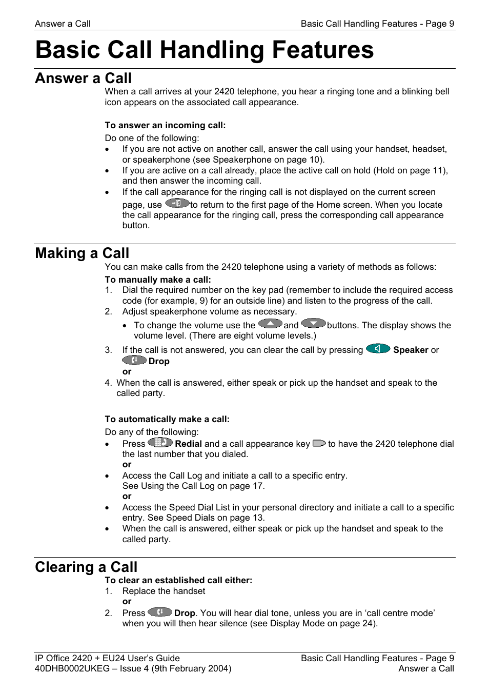 Basic call handling features, Answer a call, Making a call | Clearing a call, Answer a call making a call clearing a call | Avaya IP OFFICE EU24 User Manual | Page 9 / 60