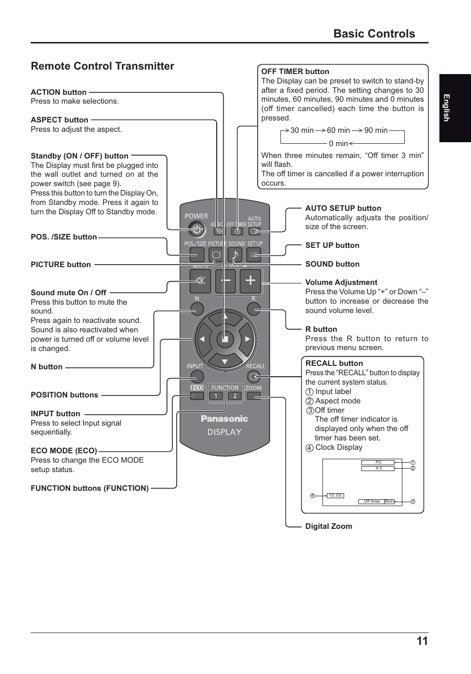 Basic controls, Remote control transmitter | Panasonic TH70LF50ER User Manual | Page 11 / 56