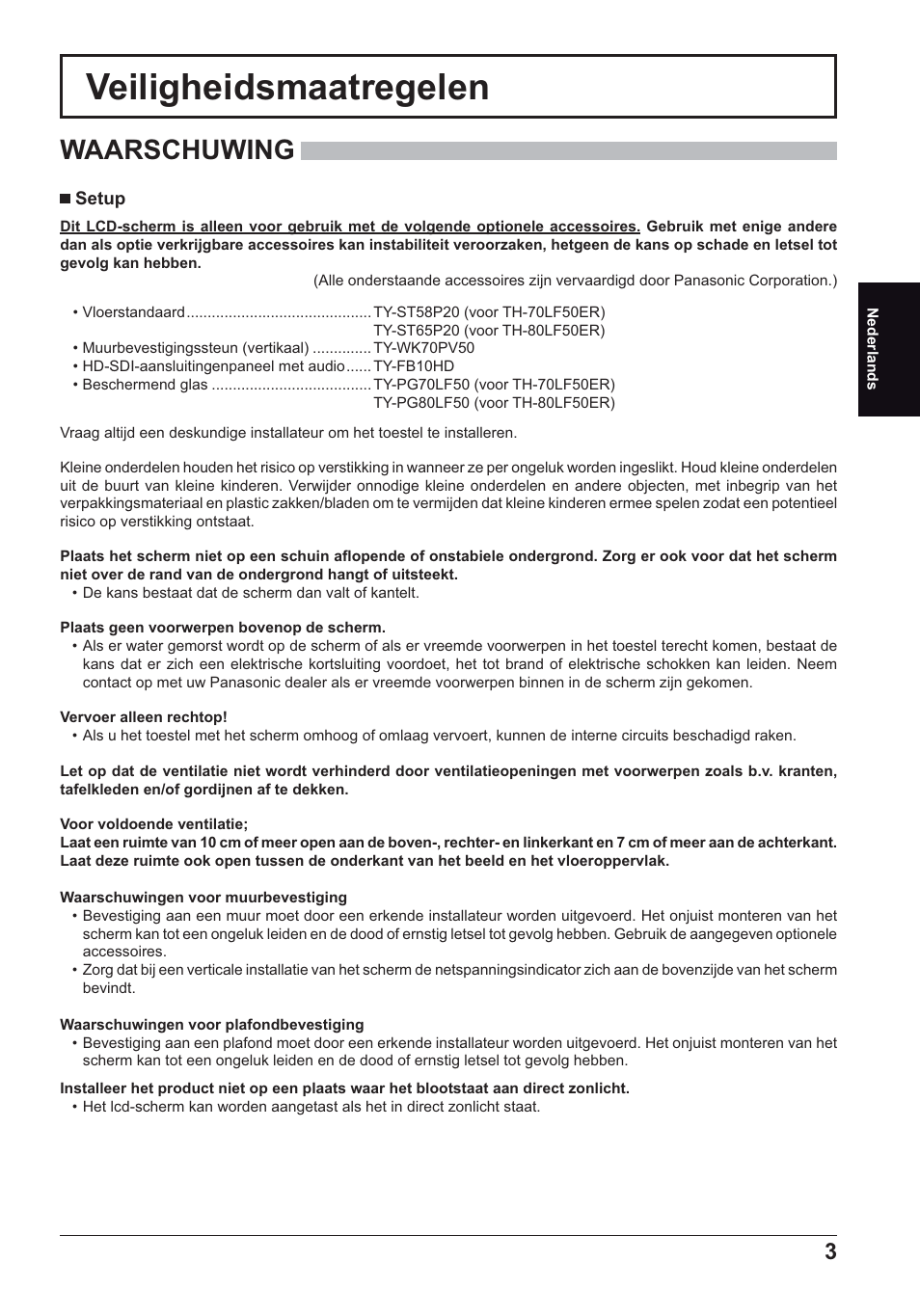 Veiligheidsmaatregelen, Waarschuwing | Panasonic TH70LF50ER User Manual | Page 17 / 56