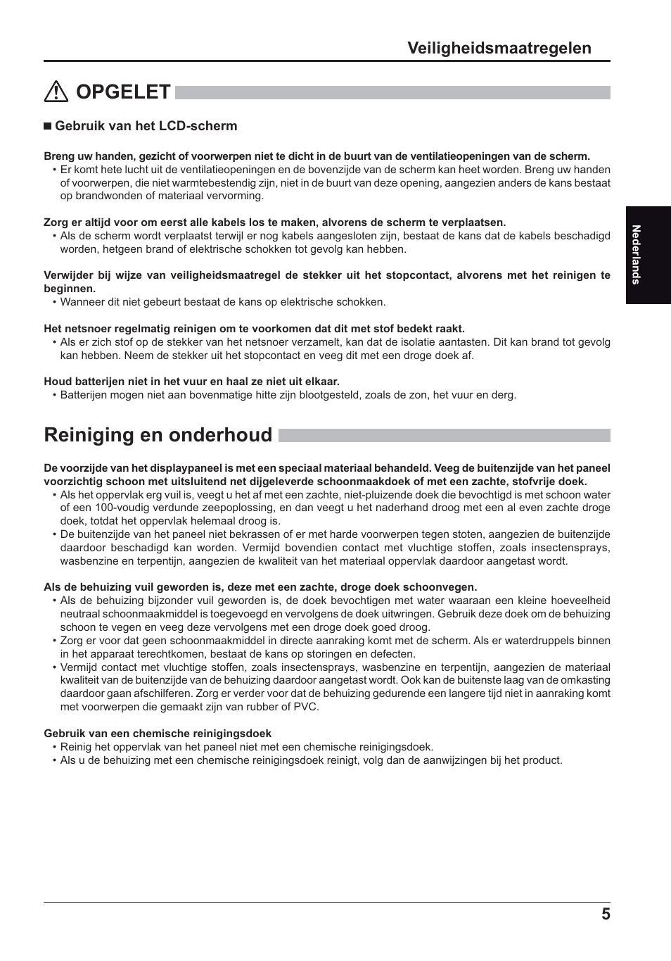 Opgelet, Reiniging en onderhoud, Veiligheidsmaatregelen | Panasonic TH70LF50ER User Manual | Page 19 / 56