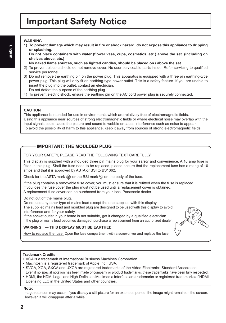 Important safety notice | Panasonic TH70LF50ER User Manual | Page 2 / 56