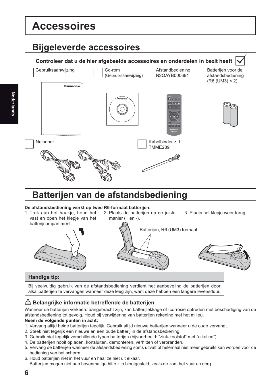 Accessoires, Bijgeleverde accessoires, Batterijen van de afstandsbediening | Panasonic TH70LF50ER User Manual | Page 20 / 56
