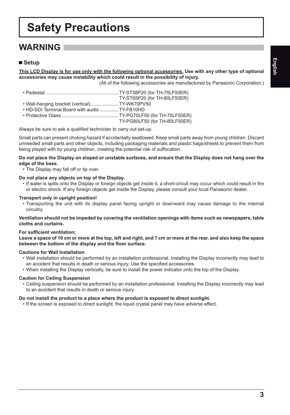 Safety precautions, Warning | Panasonic TH70LF50ER User Manual | Page 3 / 56