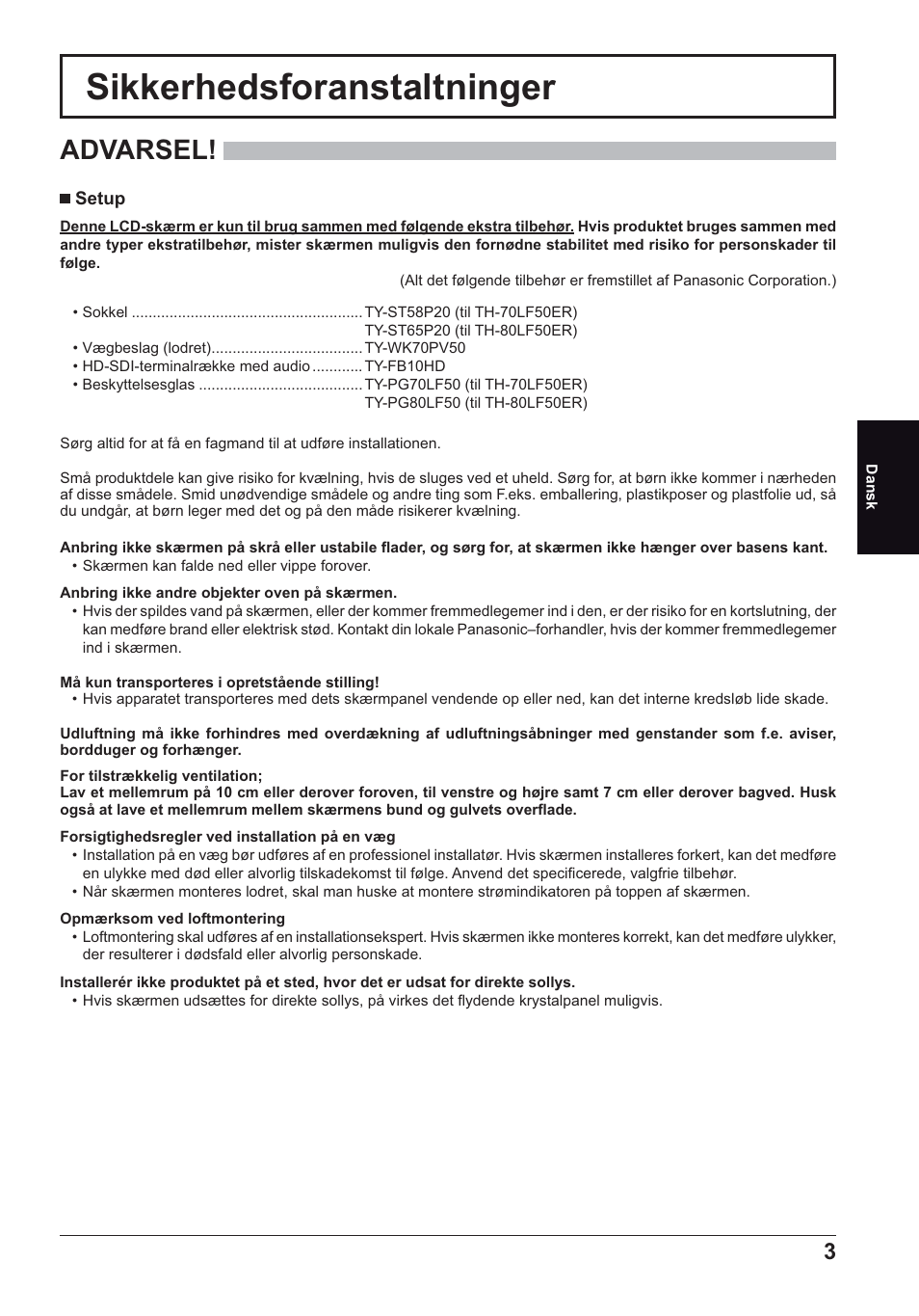 Sikkerhedsforanstaltninger, Advarsel | Panasonic TH70LF50ER User Manual | Page 31 / 56