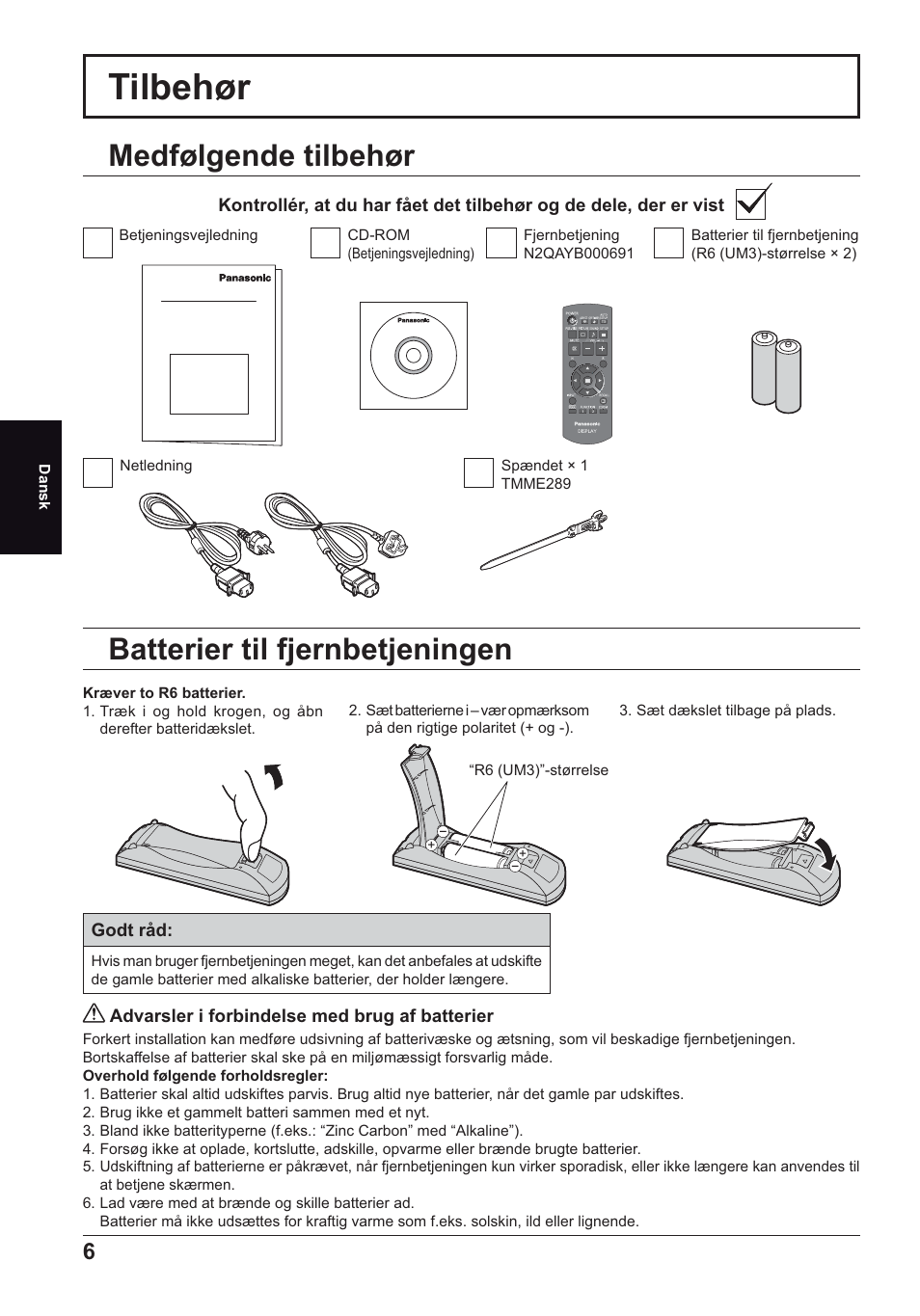 Tilbehør, Medfølgende tilbehør, Batterier til fjernbetjeningen | Panasonic TH70LF50ER User Manual | Page 34 / 56