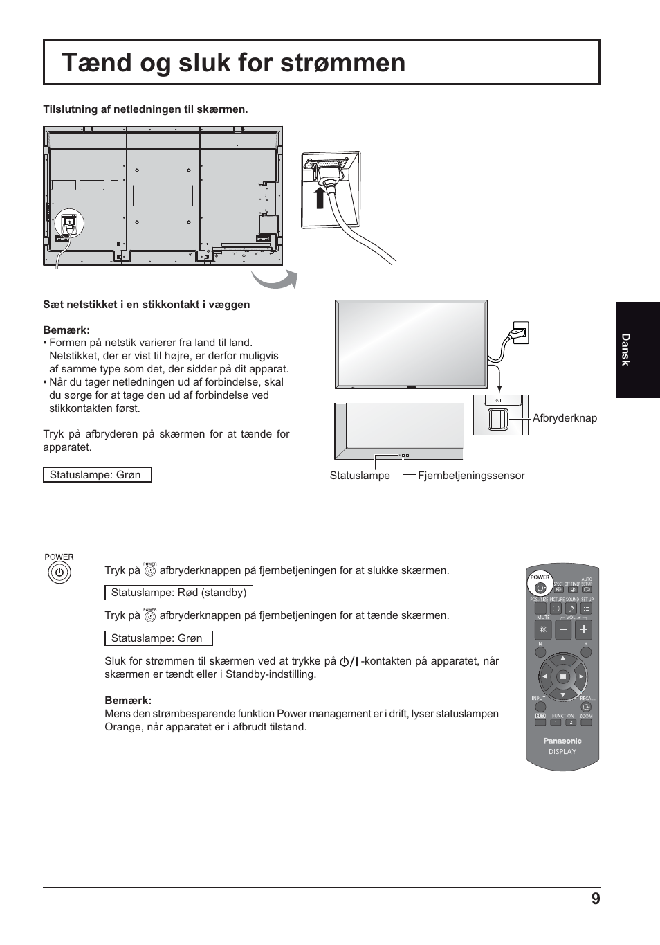 Tænd og sluk for strømmen | Panasonic TH70LF50ER User Manual | Page 37 / 56