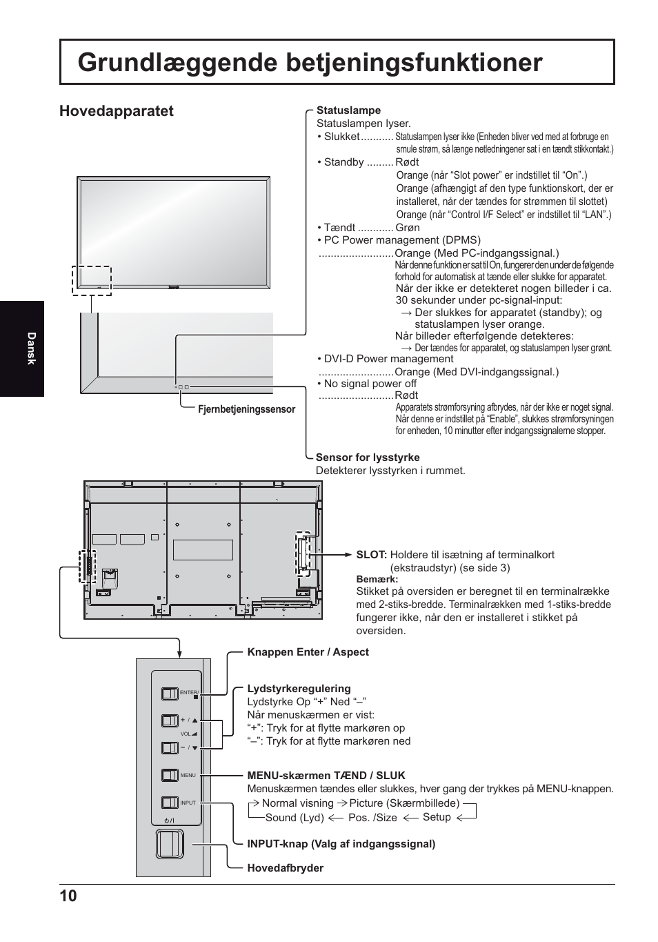 Grundlæggende betjeningsfunktioner, Hovedapparatet | Panasonic TH70LF50ER User Manual | Page 38 / 56