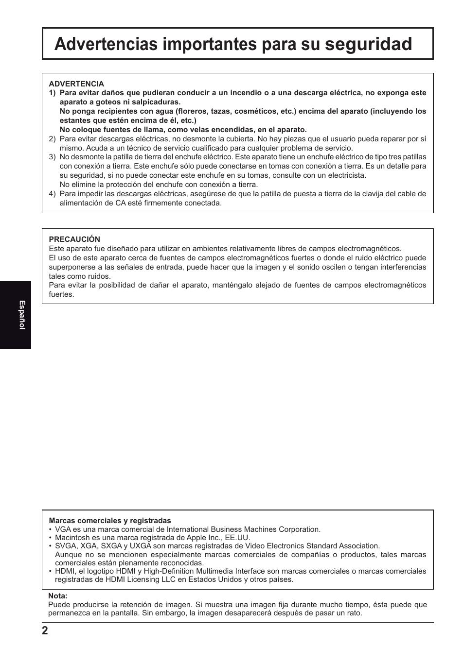 Advertencias importantes para su seguridad | Panasonic TH70LF50ER User Manual | Page 44 / 56